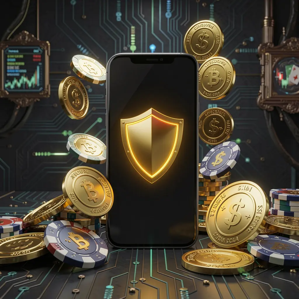 VEGASPH secure mobile casino app concept showing a smartphone with a glowing shield icon surrounded by golden coins and chips against a dark luxury cyber background in a realistic 3D render