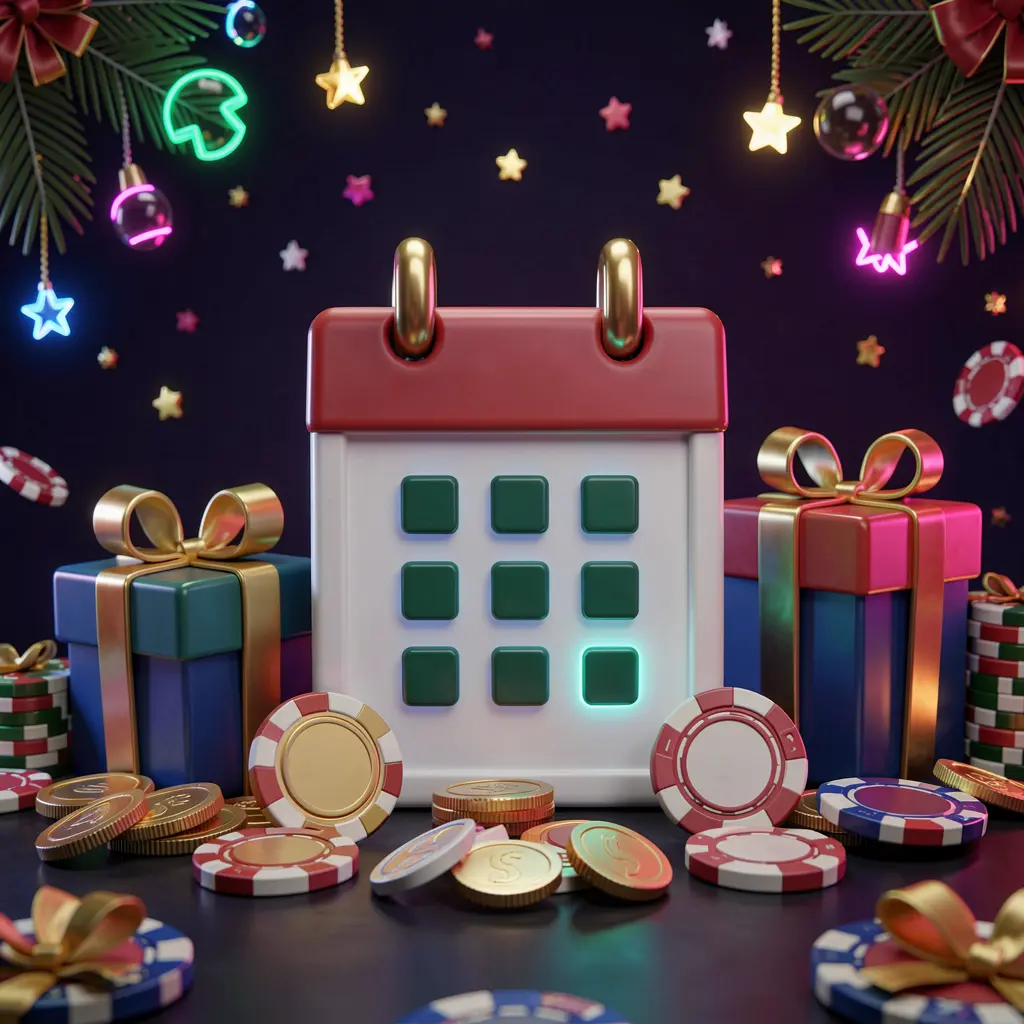 VEGASPH weekly casino bonus concept featuring a calendar icon surrounded by gift boxes, coins, and chips on a festive dark background with neon glow in a premium 3D style