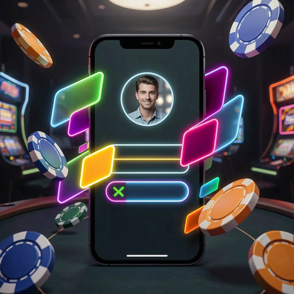 VEGASPH mobile casino login screen showing abstract UI shapes for user profile and password fields on a glowing neon phone with chips and coins flying around in a dark premium casino atmosphere