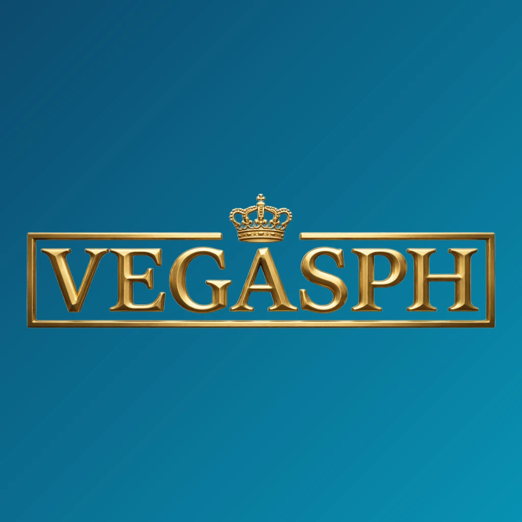 Luxury gold metallic VEGASPH logo with a crown above the letters, designed as a horizontal rectangular wordmark with a transparent background, representing a premium brand from the Philippines