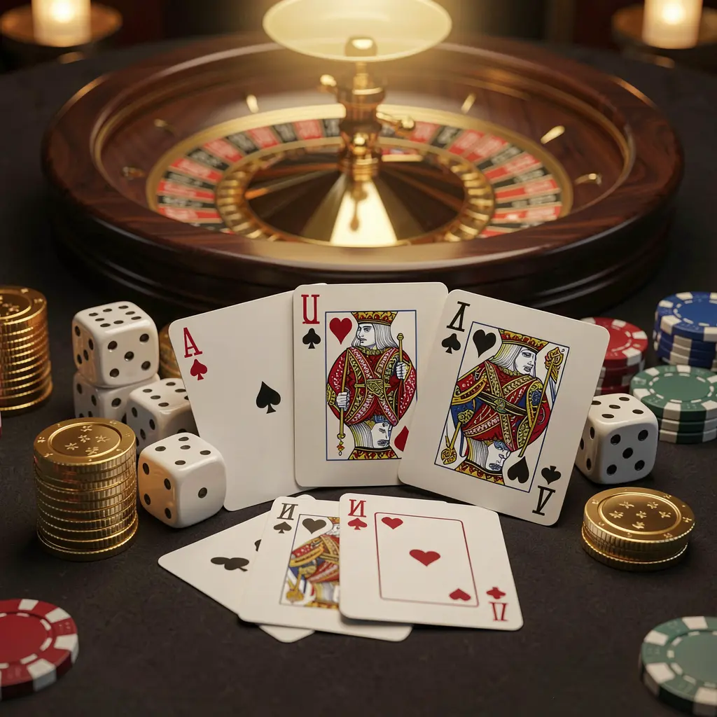 VEGASPH elegant online casino homepage featuring royal flush cards, dice, golden coins, poker chips on a dark table with a glowing roulette wheel in the background in a cinematic 3D render
